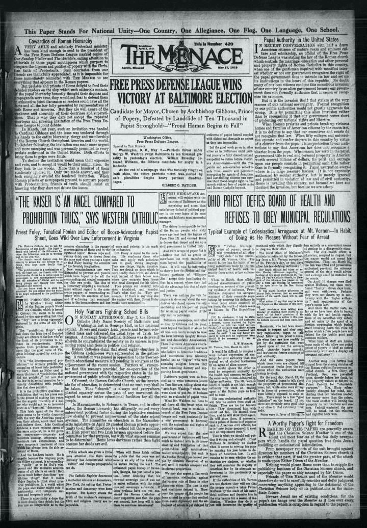 Front page of The Menace