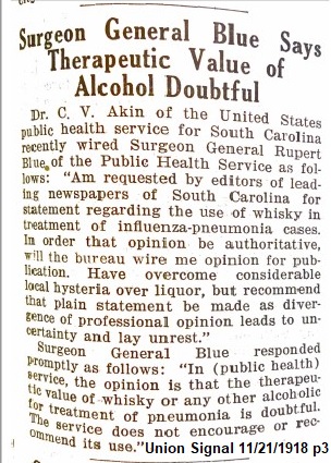The Union Signal article; title reads, "Surgeon General Blue Says Therapeutic Value of Alcohol Doubtful"