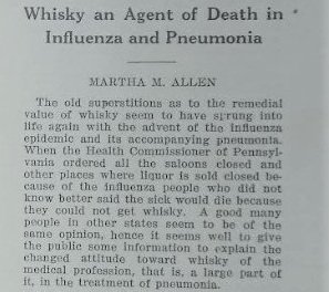 Leaflet reading "Whisky an Agent of Death in Influenza and Pneumonia"