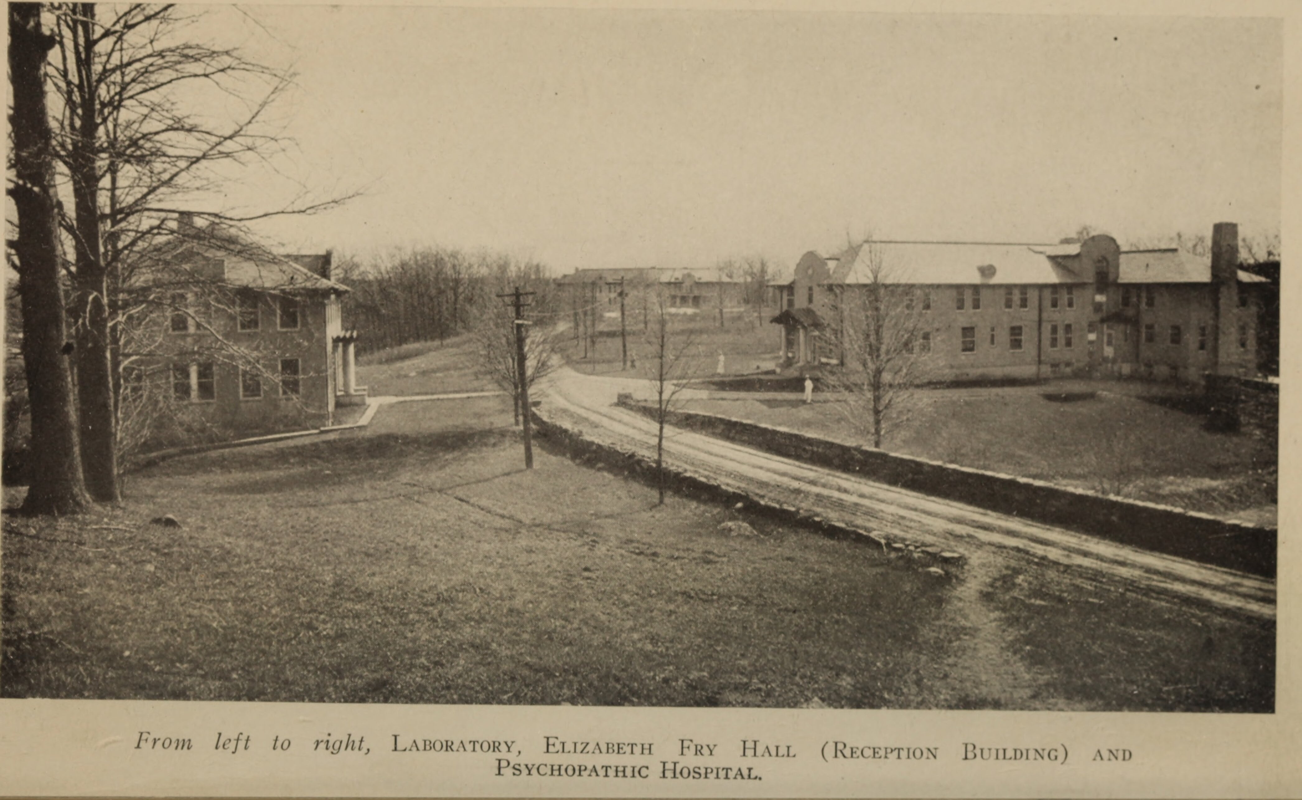 Black and white photograph of buildings: Laboratory of Social Hygiene (established in 1912) and the Psychopathic Hospital