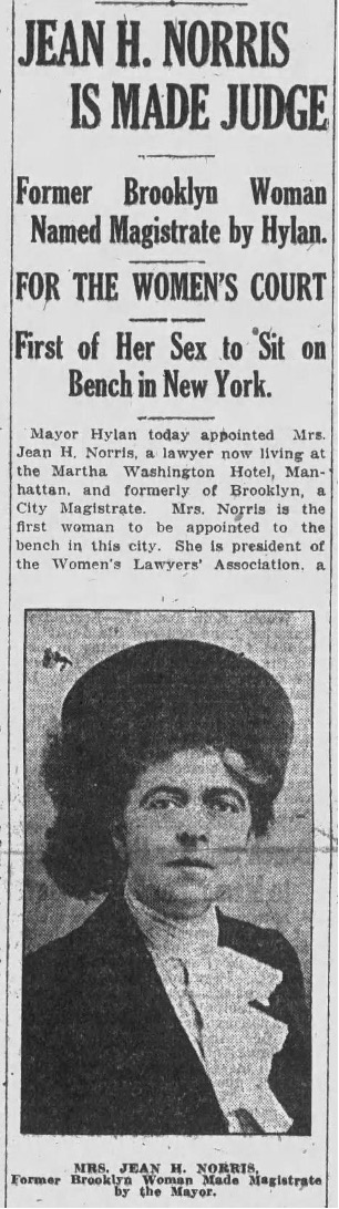 Newspaper clipping reads, "Jean H. Norris is made judge," featuring photograph of Jean Norris