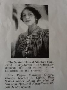 Photograph of Mayme Carney in a yearbook. Caption reads: Mrs. Mayme Williams Carney, Pioneer teacher in Dillard High School under whom the class of Nineteen Hundred Forty-Seven began its senior year.