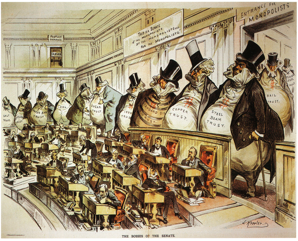 Captioned "The Bosses of the Senate," this political cartoon shows the Senate floor with senators dwarfed by money bag shaped men representing various trusts