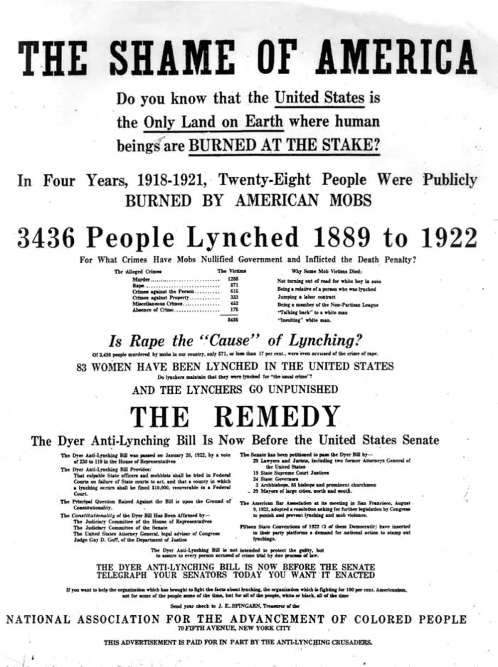 Flyer covered in text, with the main text reading: "THE SHAME OF AMERICA Do you know that the United States is the Only Land on Earth where human beings are BURNED AT THE STAKE?" and "3463 People Lynched 1889 to 1922"