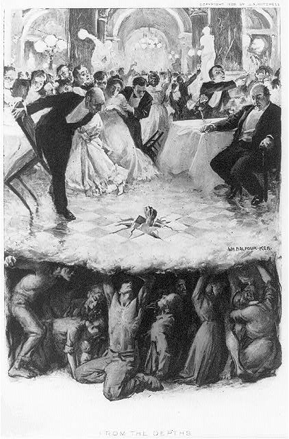 "Print shows a lavish social event in a large ballroom attended by the well-to-do; the party is disrupted when a fist erupts through the floor, beneath which are the struggling masses of the less fortunate who provide the foundation support on which the wealthy rest."