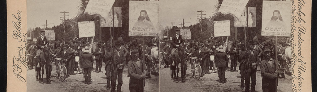 Stereo card of Coxey's Army carrying signs
