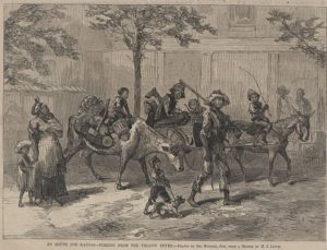 Sketch shows African American "Exodusters" traveling to Kansas on foot, in a mule-drawn cart, and on a cow