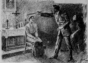 Illustrated image of Benzecry observing a "fake physician" waving a stick over a seated woman's head.