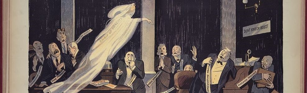 Illustration shows an interior view of a boardroom where the appearance of a ghost labeled "Spirit of Honesty" has frightened the men conducting business there, who are labeled "Corporation Lawyer, Fake Promoter, Secret Rebater [hiding under the table], Lobbyist, Public Service Grafter, Public Exploiter, Hypocrite, Employed Perjurer, Speculating Trust Co, [and the] Yellow Dog Keeper". Also shown are the "Yellow Dog" and several sheets of "Watered Stock". Hanging on the wall is a sign that states "Dont Knock - Boost".