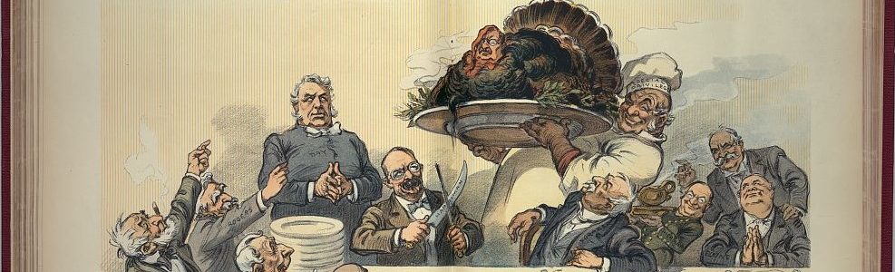 "Illustration shows a chef labeled "Special Privilege" holding a large platter on which rests a huge turkey with the face of Theodore Roosevelt; he is about to place the platter on a table around which sit several men labeled "Cannon, Rockefeller, Archbold, Haskell, Payne, Dalzell, Elkins, Sherman, Foraker, Harrimen, Day, Rogers" and one unidentified man who looks like Nelson W. Aldrich."
