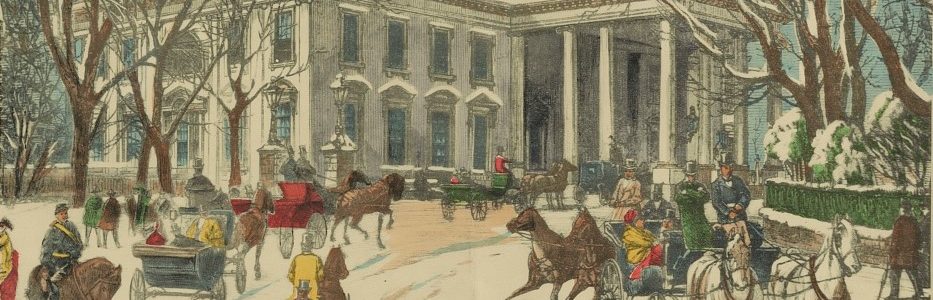 "Print shows many horse-drawn carriages on the driveway leading to the north portico entrance of the White House, during winter with snow on the trees and bushes"