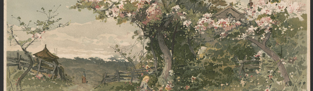 Print shows a landscape view of a country scene with flowering trees in bloom, wetlands, cart path, and a young girl picking flowers; beyond the trees and split-rail fence on the right may be a farmhouse.