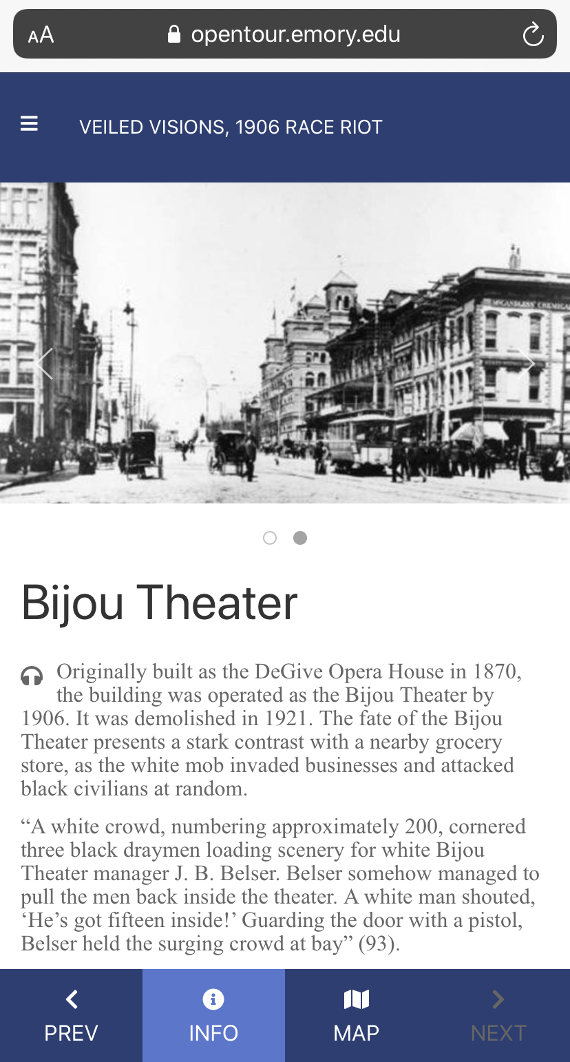 Screenshot of the mobile site for the walking tour, featuring the stop at Bijou Theater