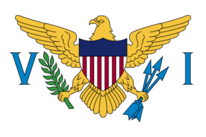The flag of the U.S. Virgin Islands. In between the letters V and I, a yellow eagle holds a sprig of laurel in one talon and three blue arrows in the other