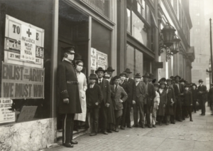 People waiting in line for masks to prevent the spread of influenza