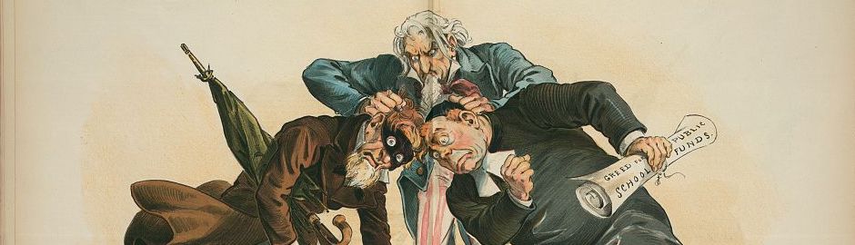 “Print shows Uncle Sam knocking the heads of two men together, a masked man on the left holding papers labeled ‘A.P.A. Un-American Intolerance’ and, on the right, a member of the clergy holding papers labeled ‘Greed for Public School Funds.’”