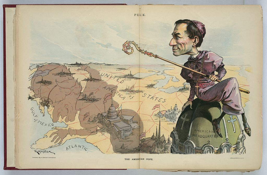 Print shows Cardinal Francesco Satolli sitting on a dome labeled “American Headquarters,” casting a shadow in the shape of Pope Leo XIII across the United States.