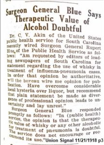 The Union Signal article; title reads, "Surgeon General Blue Says Therapeutic Value of Alcohol Doubtful"