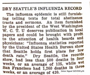 The Union Signal article; title reads "Dry Seattle's Influenza Record"