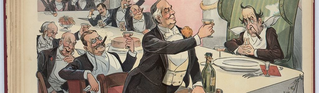 "Illustration shows President William McKinley, standing, leading a toast to a dejected William Jennings Bryan sitting in a chair labeled 'Guest of Honor'"