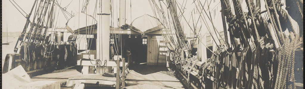 Black and white photograph of the deck of whaling bark Progress