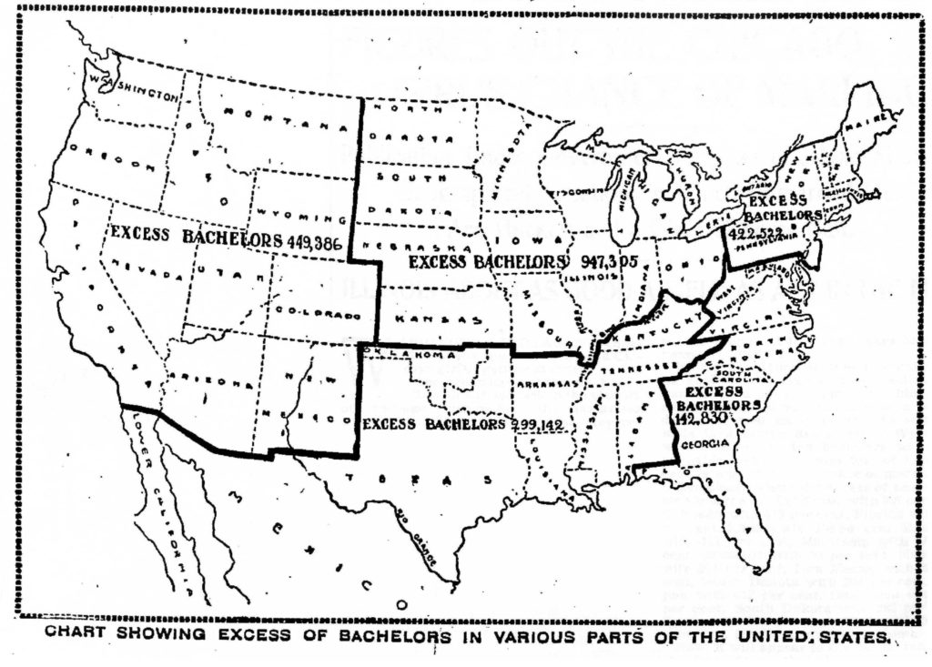 Map of the United States marking the number of excess bachelors in each region