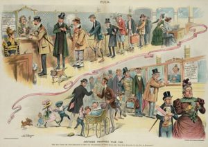 Print shows on the upper left a line of men at a pay window labeled "Notice Bachelors' Tax…” On the lower right is a line of mostly elderly men at a pay window labeled "Notice Bonus to Married Men paid here.”