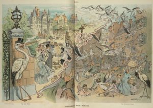 Illustration shows contrasting views of population growth, "The Idle Stork" on the left has little to do as the upper class chooses not to make babies, whereas "The Strenuous Stork" is being worked to death by a population explosion among the lower class.