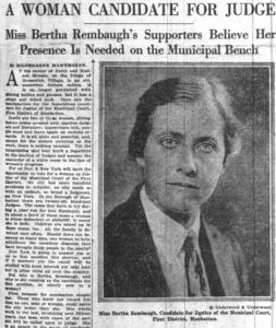Newspaper clipping reads, "A Woman Candidate for Judge," featuring a photograph of Bertha Rembaugh