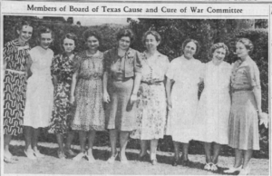Newspaper clipping reads, "Members of Board of Texas Cause and Cure of War Committee," with photo of nine women standing in a row