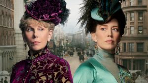 Christine Baranski and Carrie Coon, as their characters in The Gilded Age, eye each other with suspicion