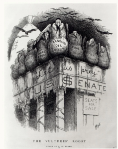 "Trusts as vultures (led by Standard Oil/Rockefeller) roosting on roof of Senate."