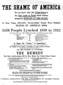Flyer covered in text, with the main text reading: "THE SHAME OF AMERICA Do you know that the United States is the Only Land on Earth where human beings are BURNED AT THE STAKE?" and "3463 People Lynched 1889 to 1922"