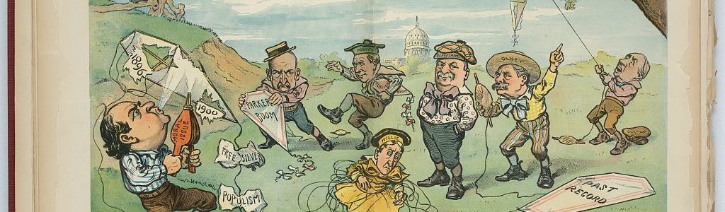 "Illustration shows President Theodore Roosevelt sitting on a fence on a hill, flying a kite labeled "Popularity"; below are several potential Democratic presidential candidates, all of whom are having difficulty flying their kites"