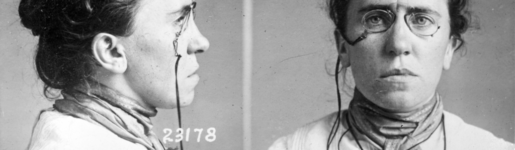 Black and white mugshots of Emma Goldman, profile and front views