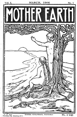 Magazine cover with illustration of a man and woman leaning against a tree facing river leading to sun over the horizon